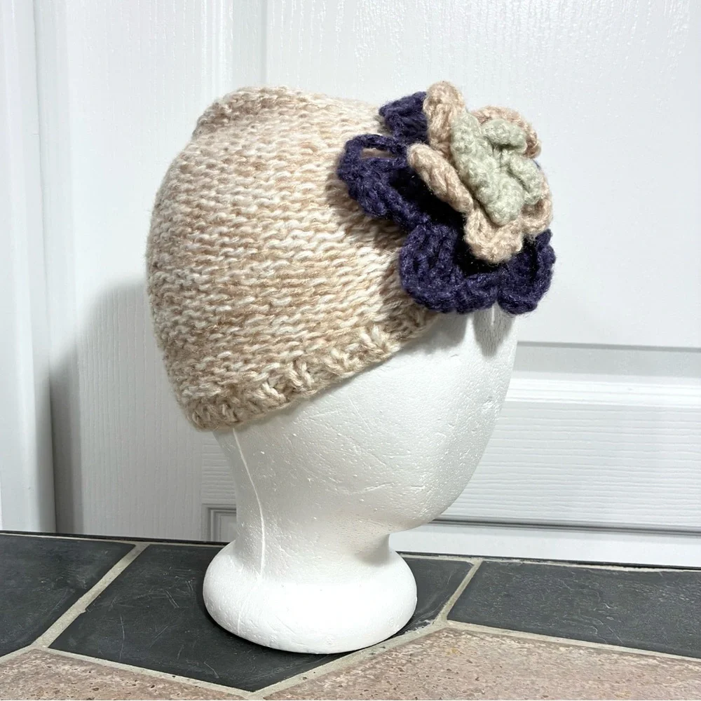 Crochet Flower Accent Hand Knit Beanie Oatmeal Purple Sage